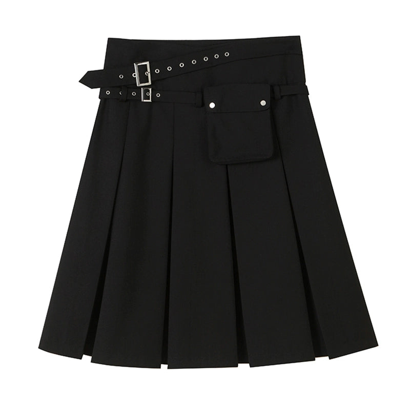 College Pleated - Double Belt A-line Skirt