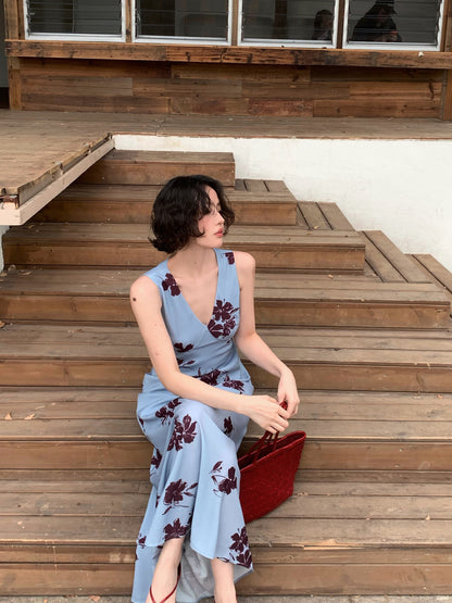 Flower Ripple Printed V-Neck Maxi Dress