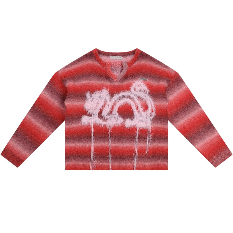 Pull de Noël rayé dragon en peluche | Design rétro rouge du Nouvel An pour l’automne/hiver