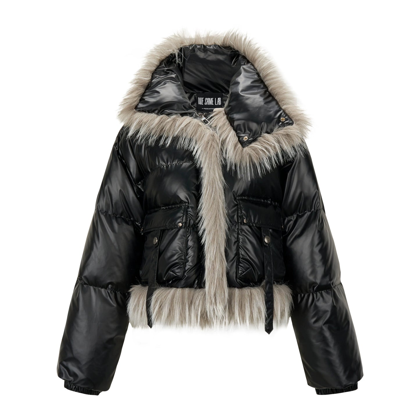 Hiver noir Eco Friendly Cuir chaud Lightweight Short Fur Pocket Up Up Collar Down Coat Femmes