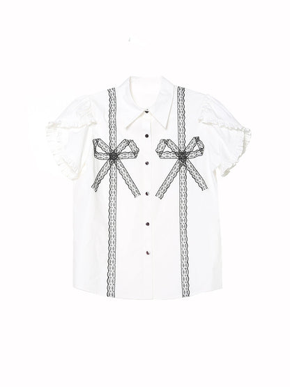 Dark Sweet Cool Lace Bow Short Sleeve Wood Ear Shirt