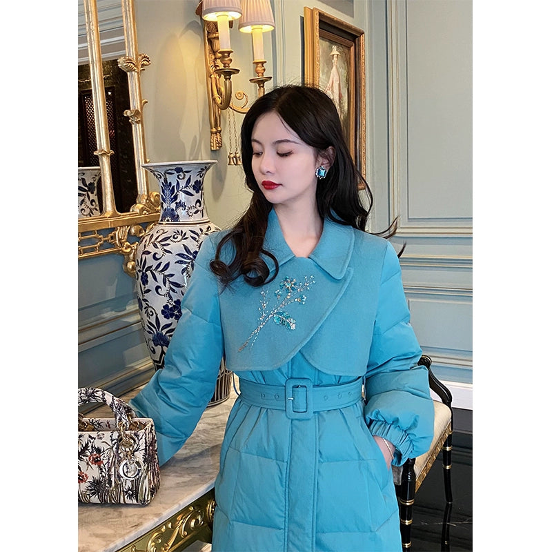 Lake Water Blue Beaded Woolen Coat