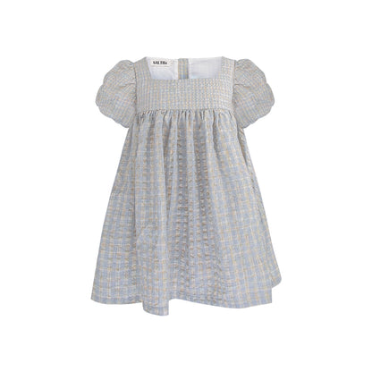 Checkered Bubble Sleeves Square Neck Fluffy Doll Dress