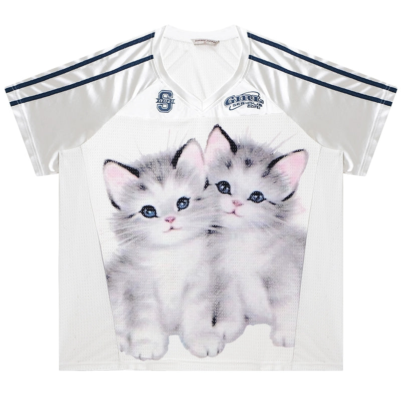 T-shirt de sport à col en V imprimé chat | Coupe ample, Design rétro à séchage rapide pour l'été