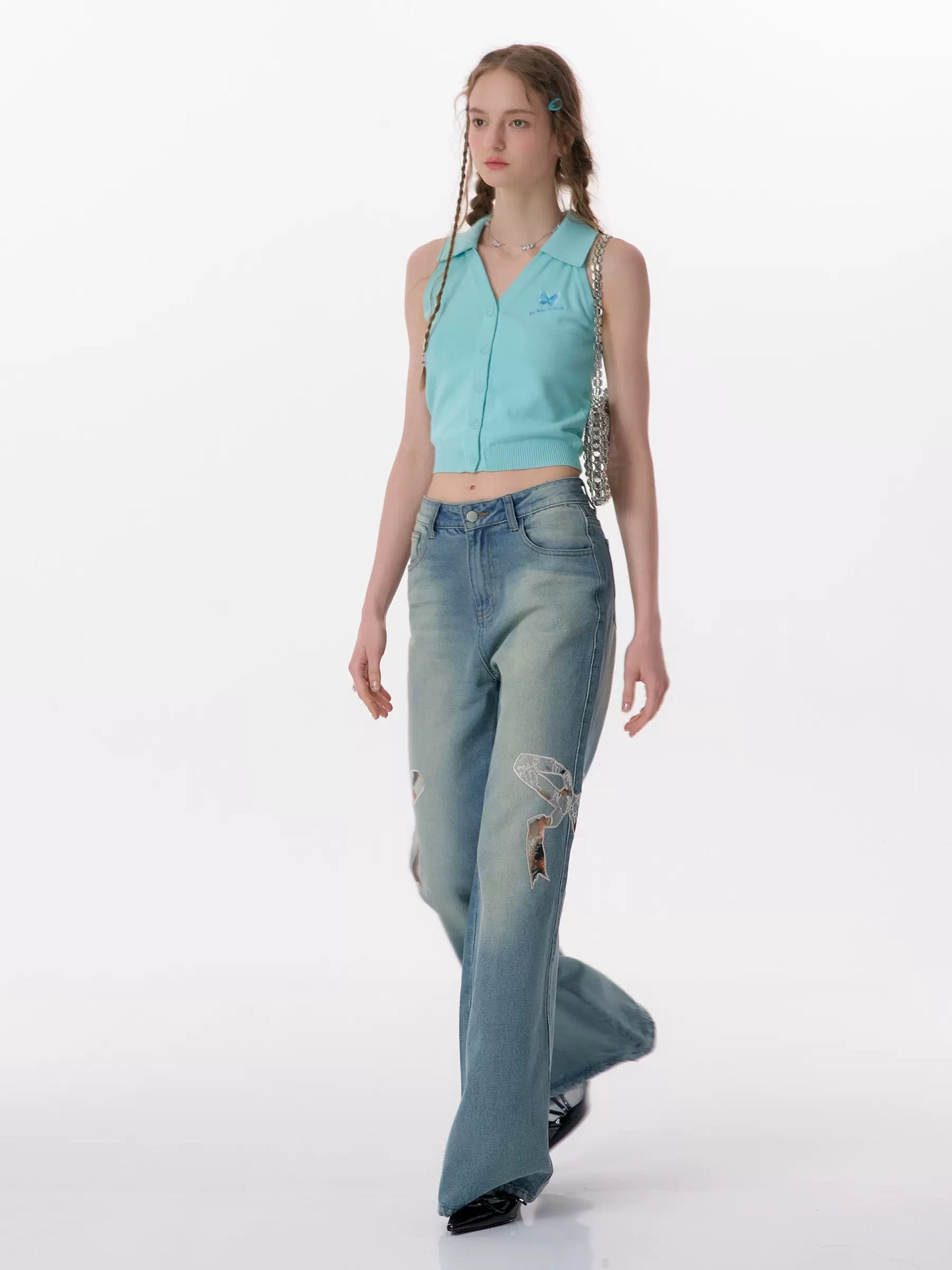 Bow Embroidered Wide-Leg Jeans | High Waist Slim Fit Micro Flare Design