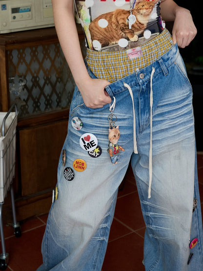 Light Blue Mud-Dyed Badge Wide-Leg Jeans – Vintage Scratched Wash Denim