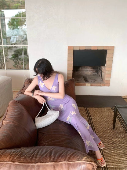 [Yarn Lily] French Vintage Purple Print Slip Maxi Dress