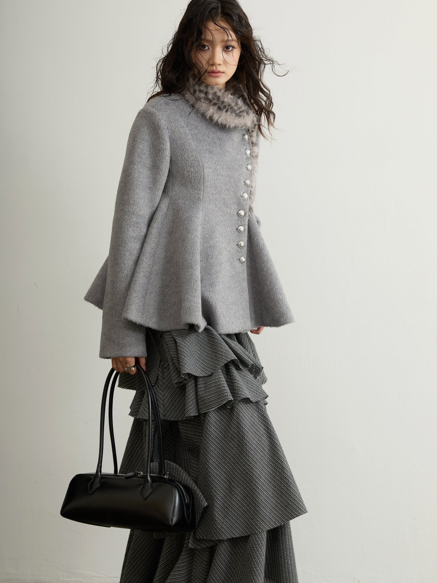 Leopard Fur Collar Wool Jacket | Asymmetrical Gray Winter Coat