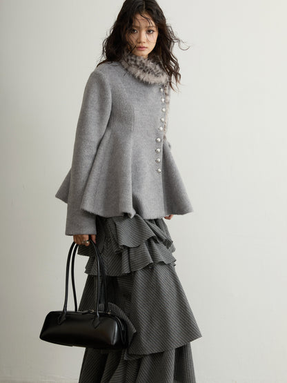 Leopard Fur Collar Wool Jacket | Asymmetrical Gray Winter Coat