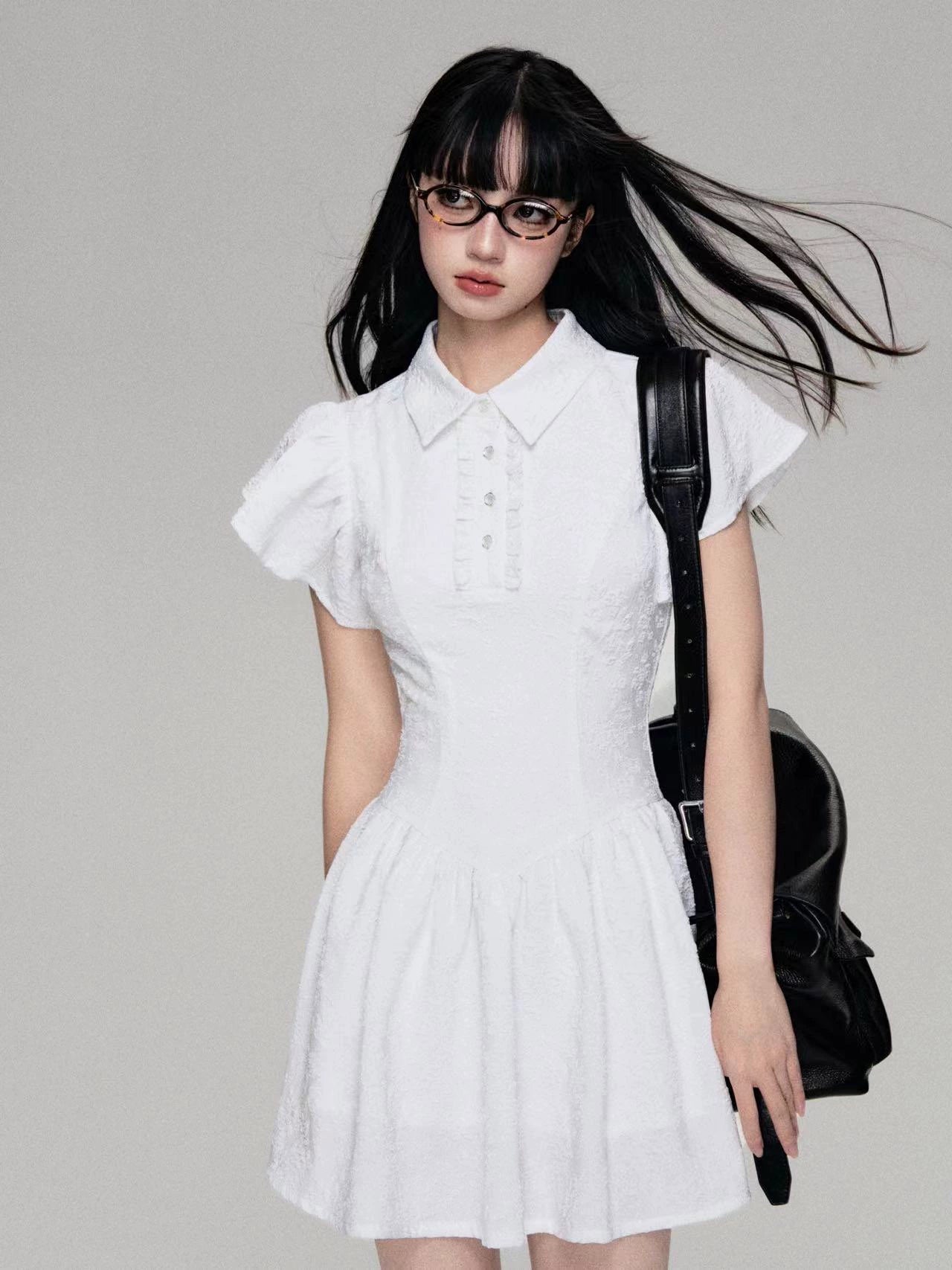 College Style Polo Neck A-Line Dress with Fly Sleeves