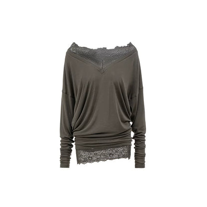 V-Neck Faux Two-Piece Lace Blouse – Loose Midi Cover-Up Top