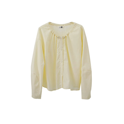 Original Design Ice Peach Bubble Drawstring Round Neck Lightweight Heavenly Silk Loose Early Autumn Long Sleeve Shirt