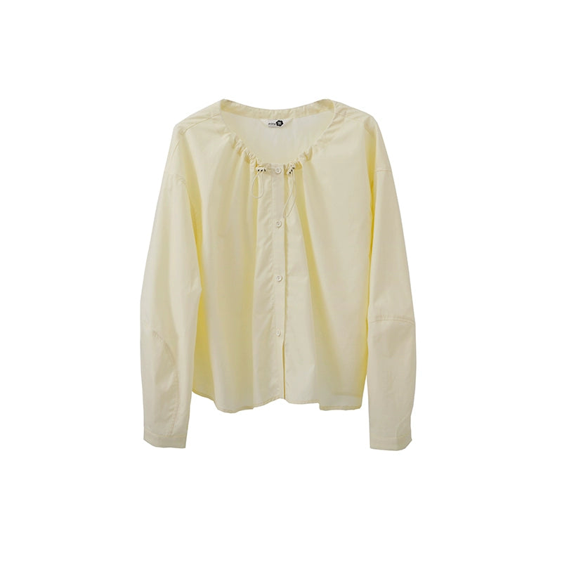 Original Design Ice Peach Bubble Drawstring Round Neck Lightweight Heavenly Silk Loose Early Autumn Long Sleeve Shirt