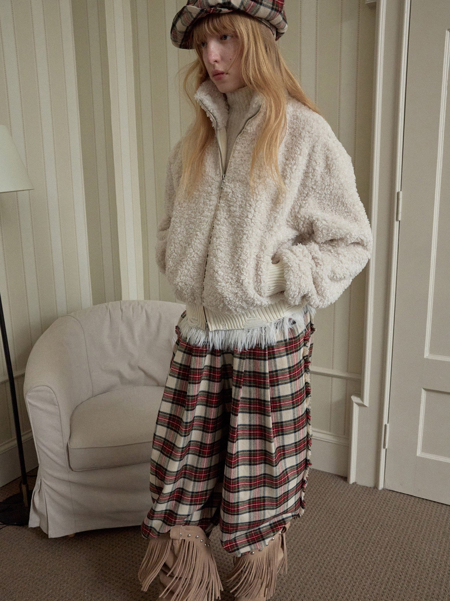 Stand-Collar Faux Shearling Cropped Jacket