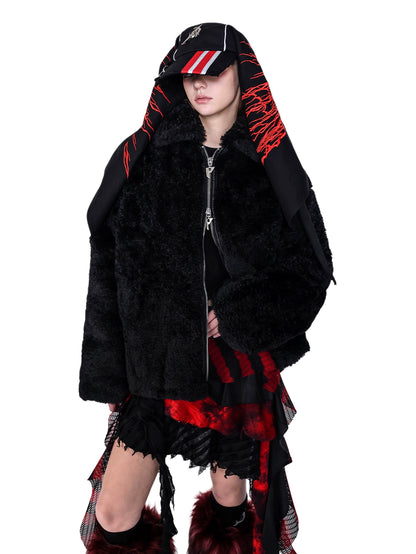 original double-zipper insulated sheep beach wool genderless black basic loose fur jacket