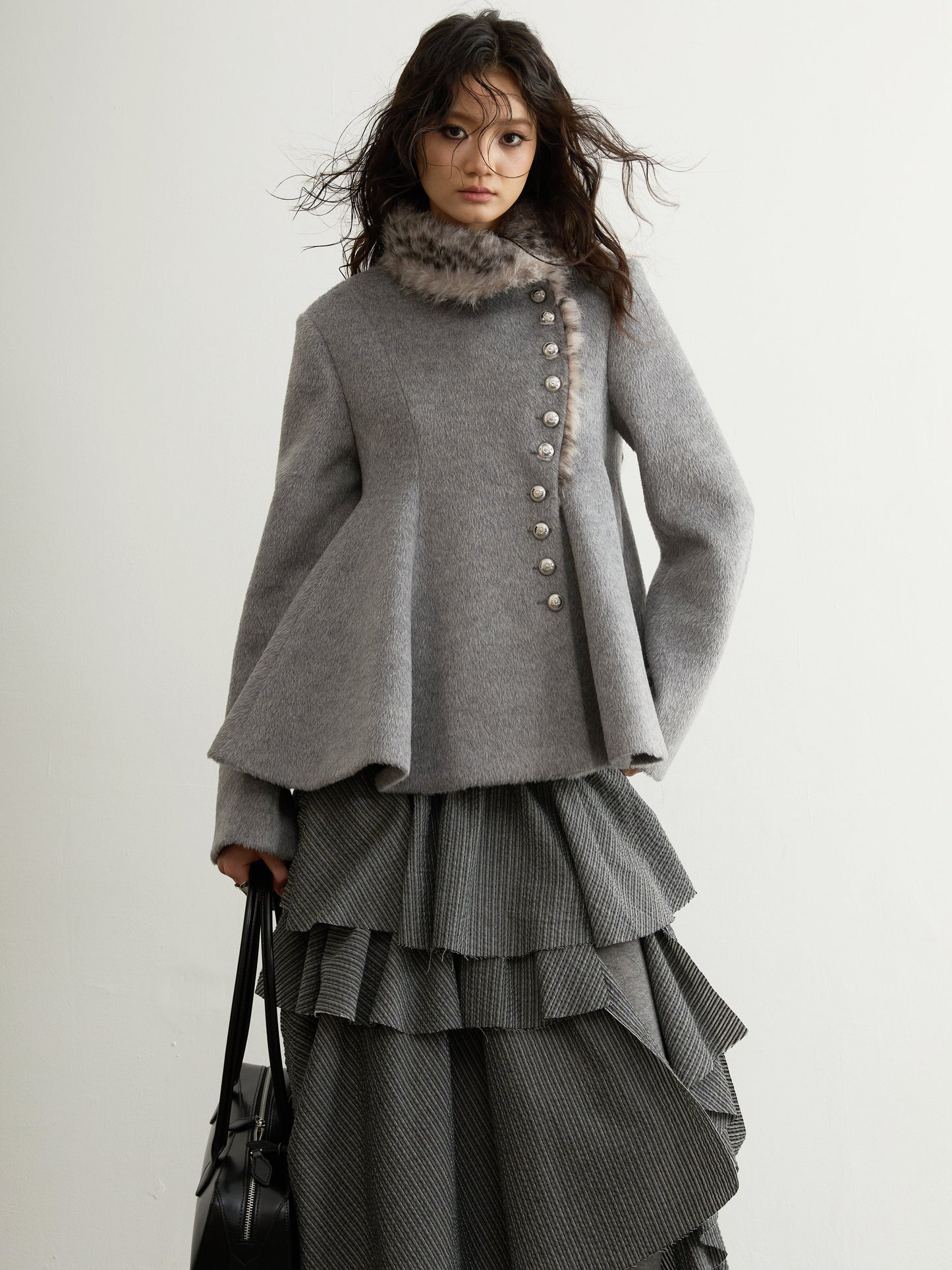 Leopard Fur Collar Wool Jacket | Asymmetrical Gray Winter Coat