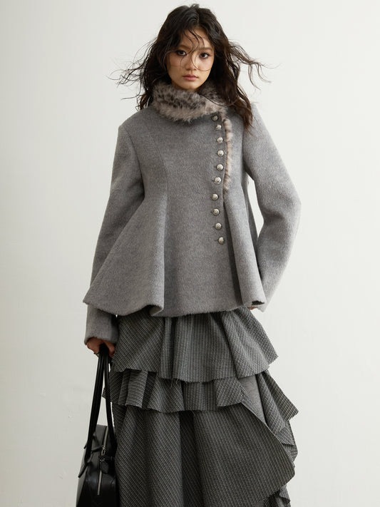 Leopard Fur Collar Wool Jacket | Asymmetrical Gray Winter Coat