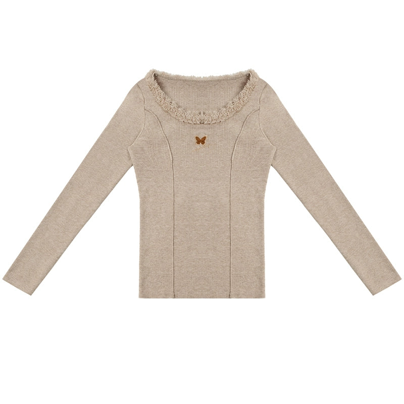 Butterfly Embroidered High Neck Knit Top | Slim Fit for Autumn/Winter