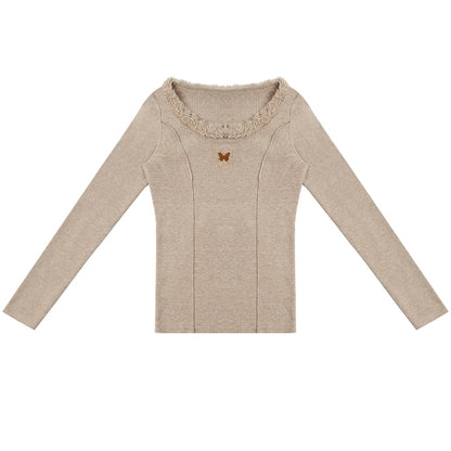 Butterfly Embroidered High Neck Knit Top | Slim Fit for Autumn/Winter