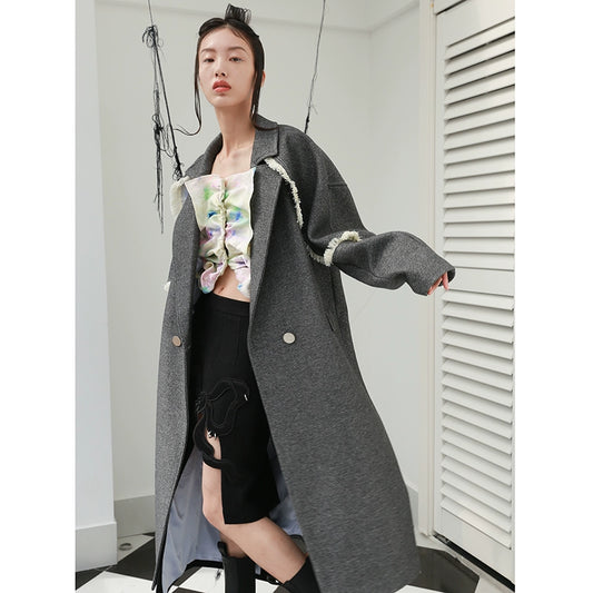 Contrast Color Tassel Bright Silk Woolen Coat D427