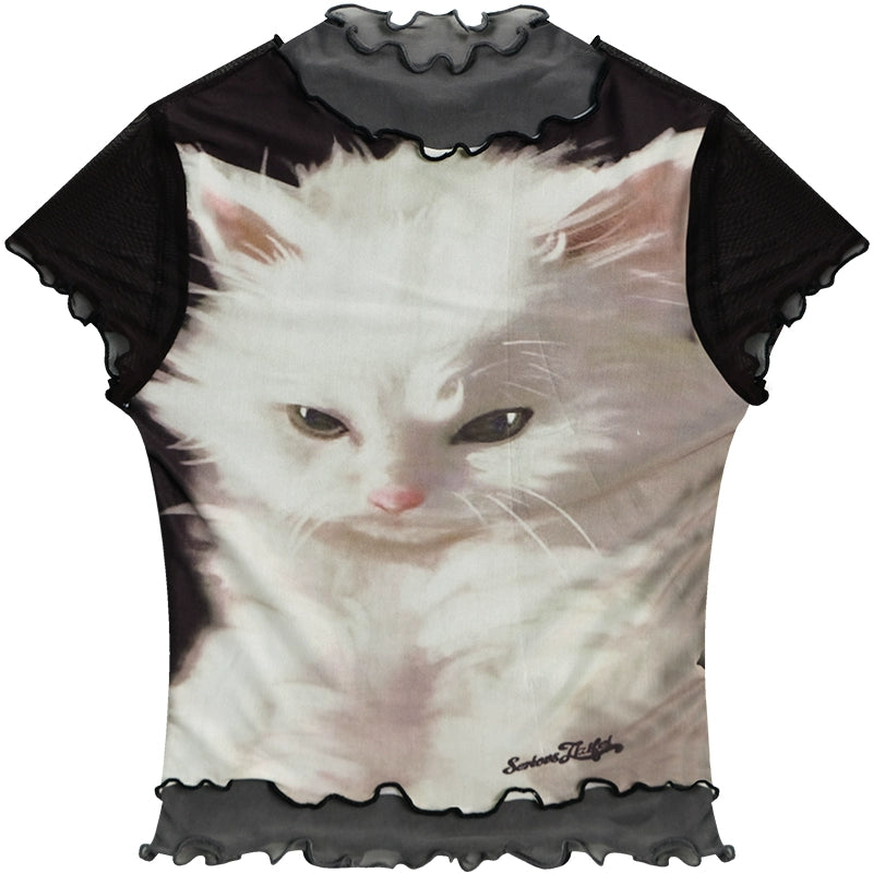 Cat Print Black Mesh T-shirt | Wood Ear Edge Short Sleeve Design for Summer