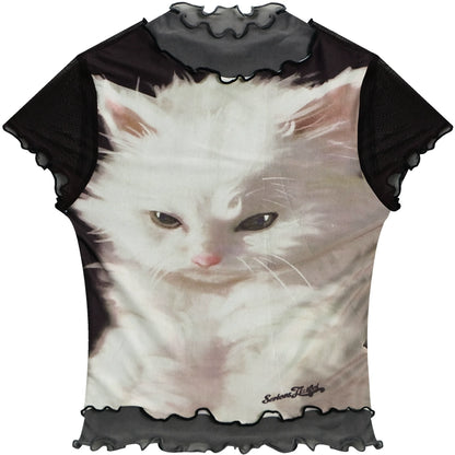 Cat Print Black Mesh T-shirt | Wood Ear Edge Short Sleeve Design for Summer