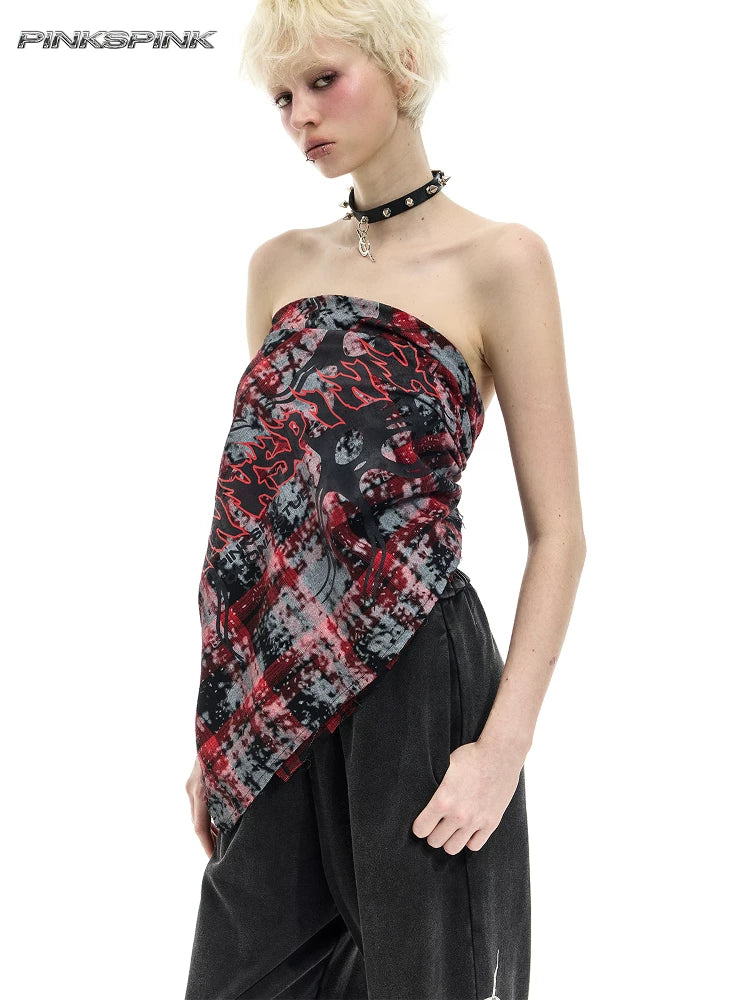 Spray-painted red plaid print unisex Y3K strapless scarf/headscarf