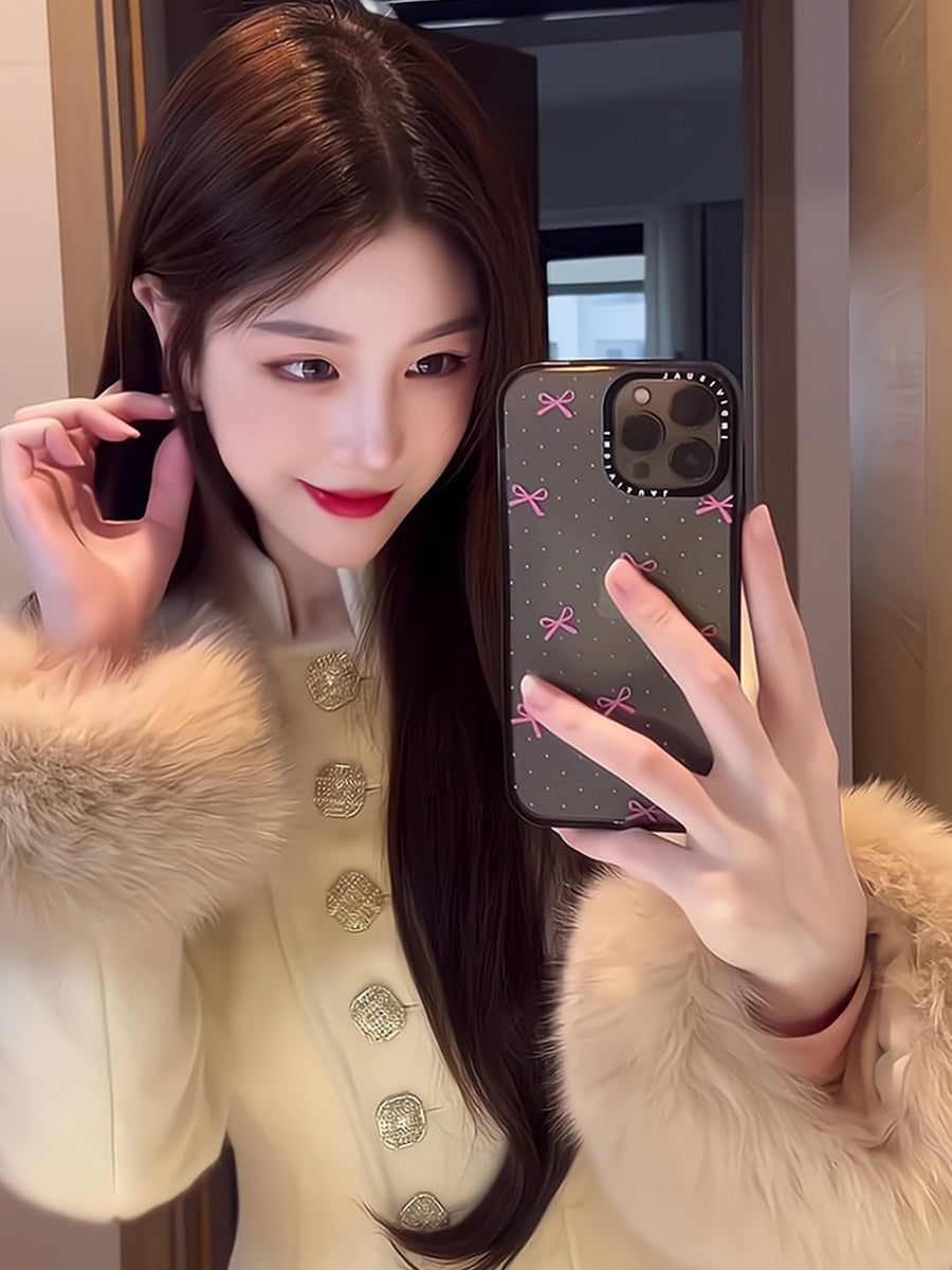 Gold-Tone Cashmere Coat – Fox Fur-Trimmed Elegant Tweed Jacket