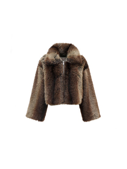Gradient Eco-Fur Fur Jacket Women's Loose Warm Winter Crop Top