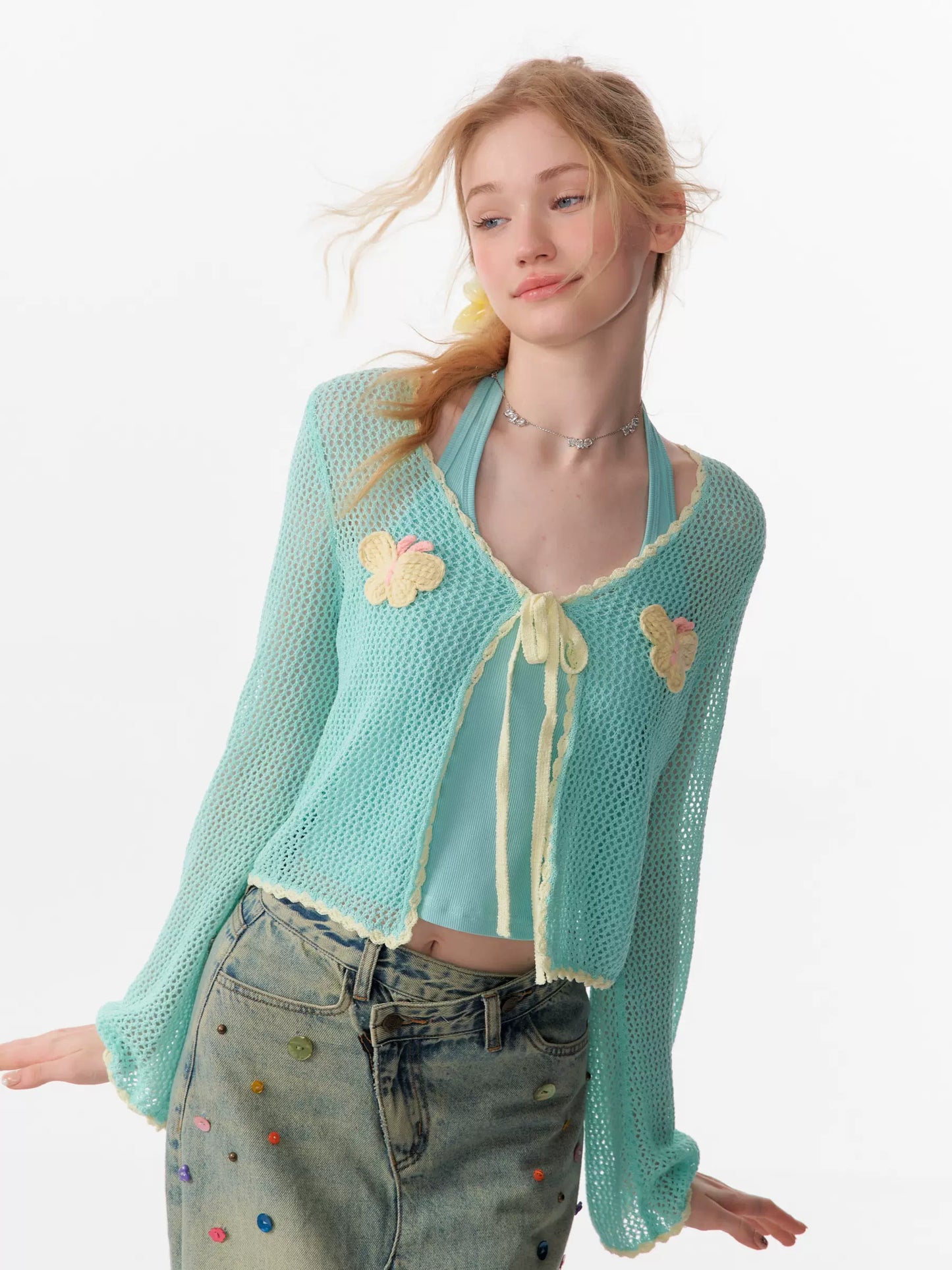 Bow Hollow Knit Cardigan | Short Sleeve Sunscreen Design for Summer