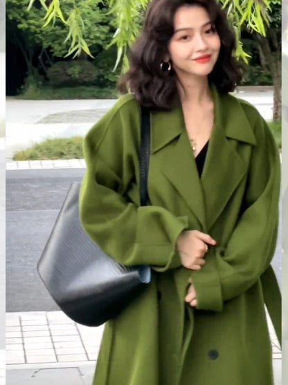 Green Reversible Cashmere Coat – Hepburn-Inspired Midi Lapel Jacket