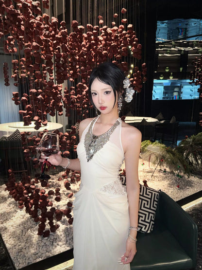 French Diamond Halterneck Dress – Elegant Luxury Dinner Gown