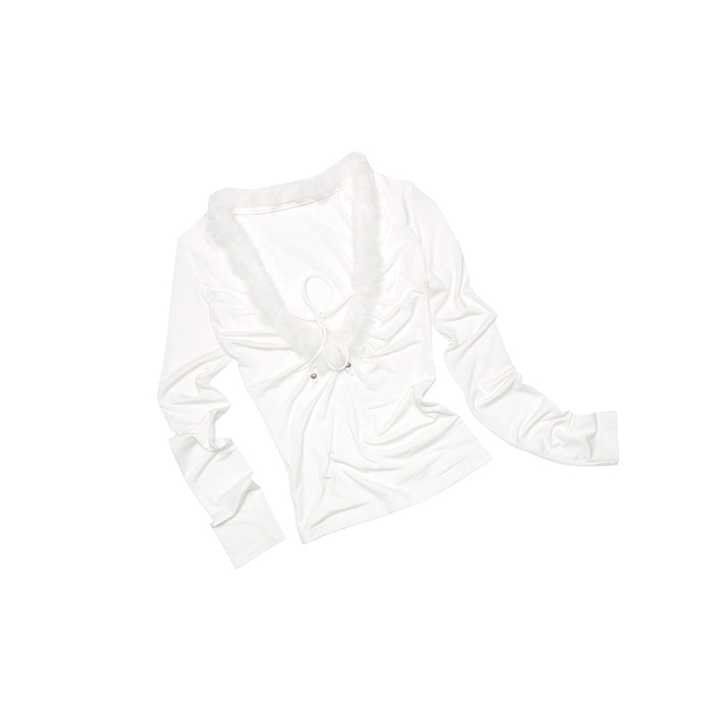 Raw Edge Panel V-Neck Knit Top – Slim Long Sleeve Base Layer