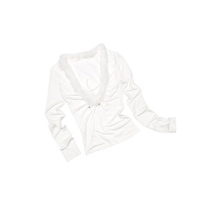 Raw Edge Panel V-Neck Knit Top – Slim Long Sleeve Base Layer