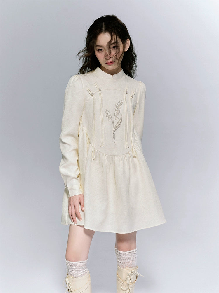 Original New Chinese Cream Lily Qipao Skirt Set