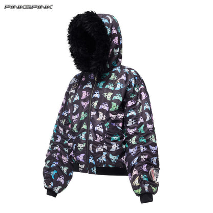 Cat-Themed Black Metal Fur Collar Unisex Y2K Jacket