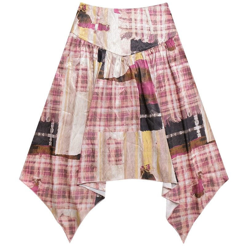 Contrast Plaid Skirt | High Waist Slim Fit Medium Length Pink Design