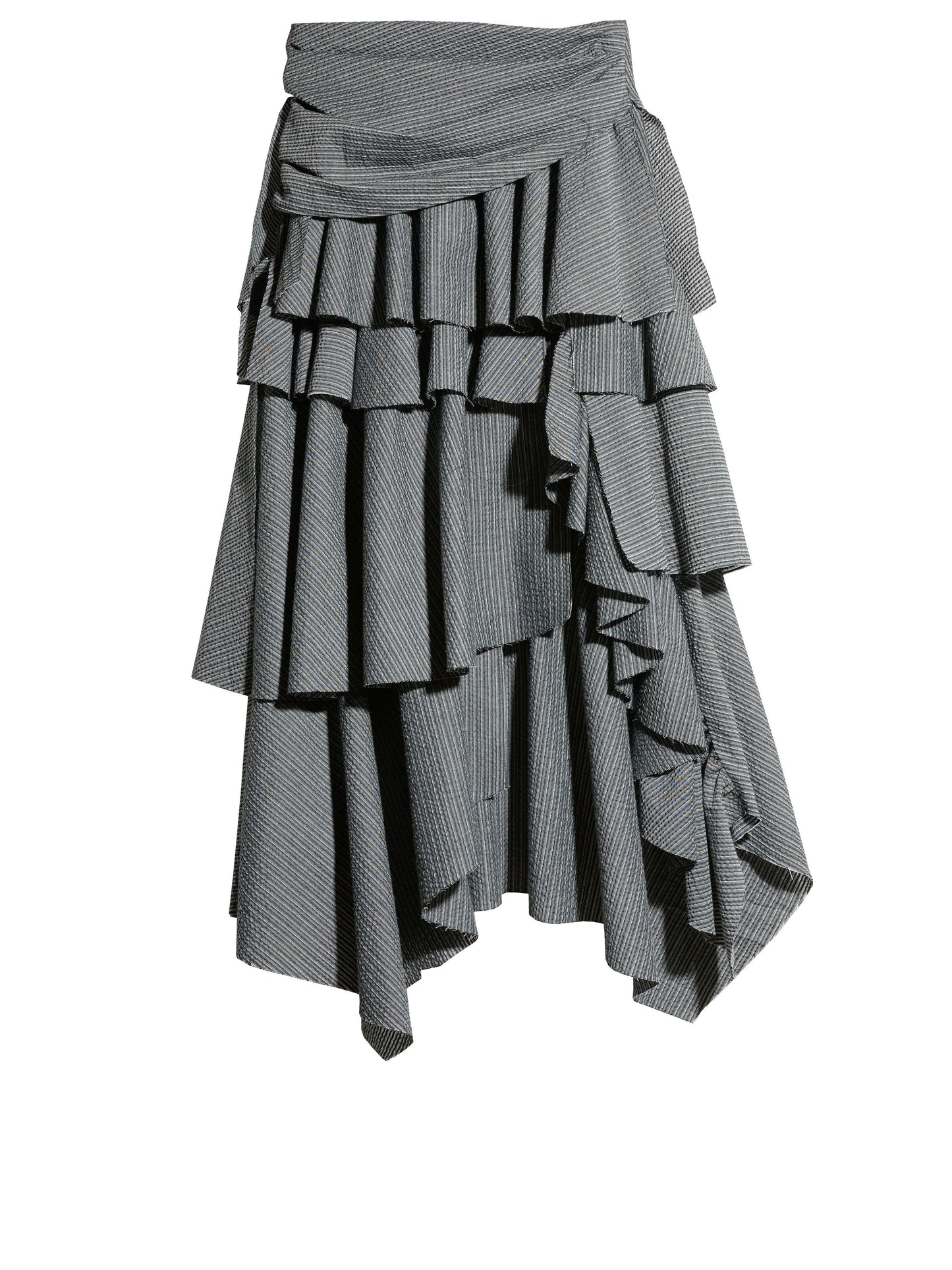 Gray Striped Ruffle Midi Skirt | Retro Frayed Slit Skirt