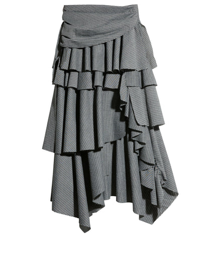 Gray Striped Ruffle Midi Skirt | Retro Frayed Slit Skirt