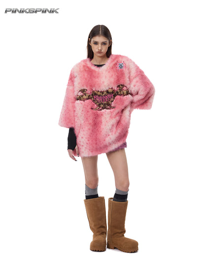 Electric Moon Leopard Heart Embroidered Pink Y2K Fur Top
