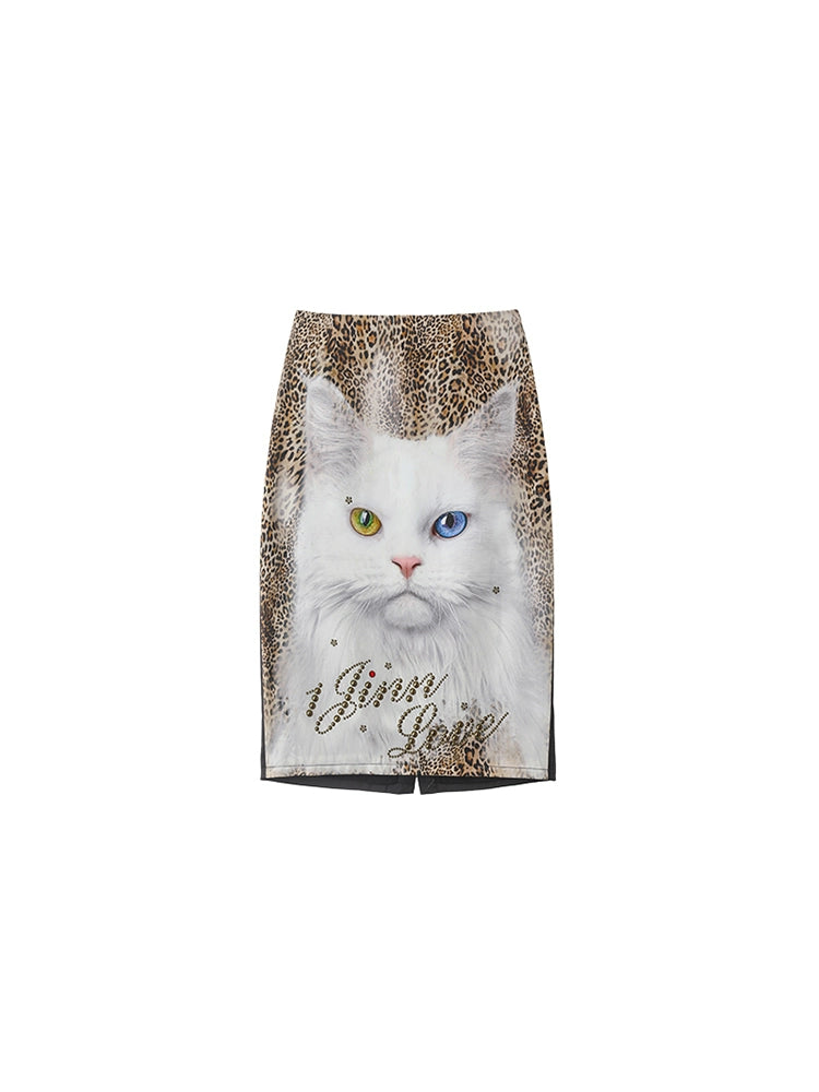 Low-Rise Cat Print Skirt – Slim Fit Hip-Hugging Statement Piece