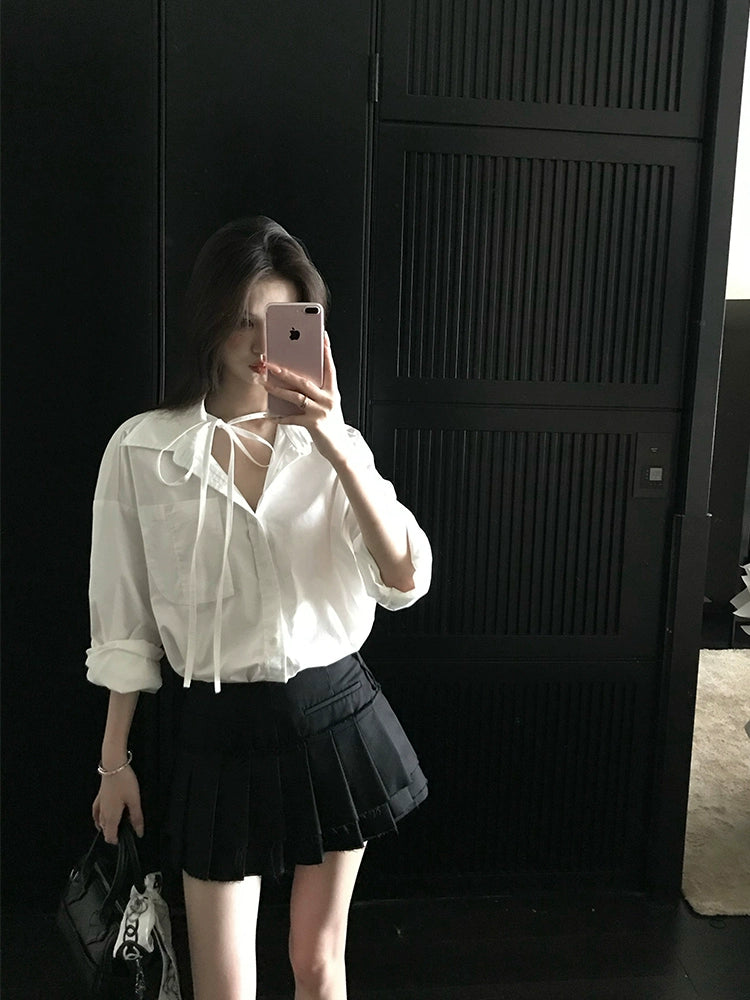 [Exhibition] Light Luxury White Shirt with Lace-Up Detail