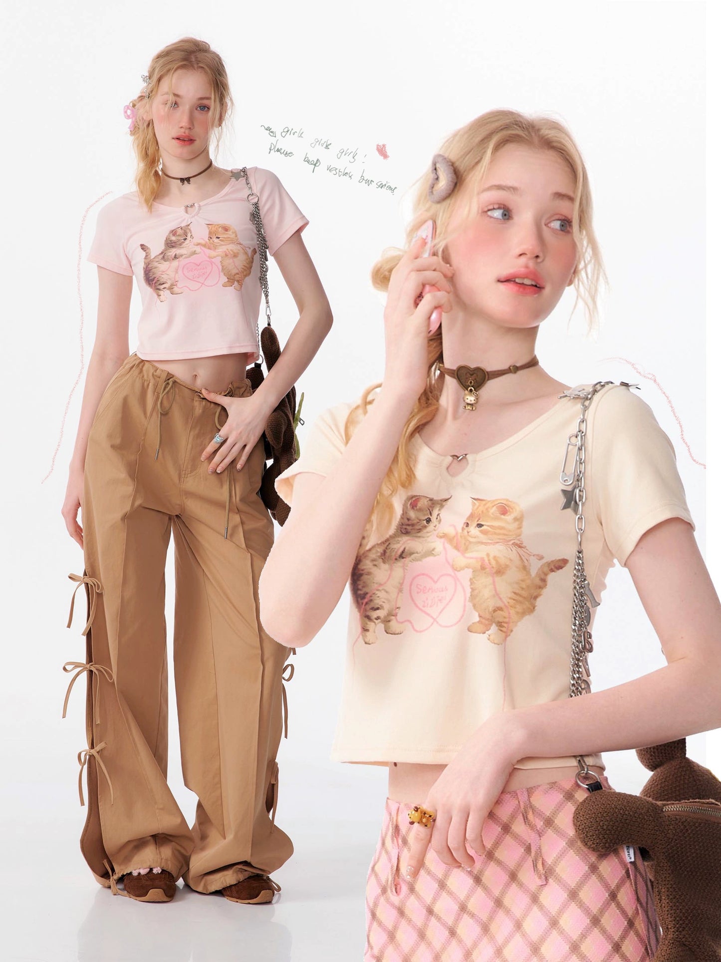 Metal Heart Cat Print T-shirt | Right Shoulder Retro Crop Top for Summer