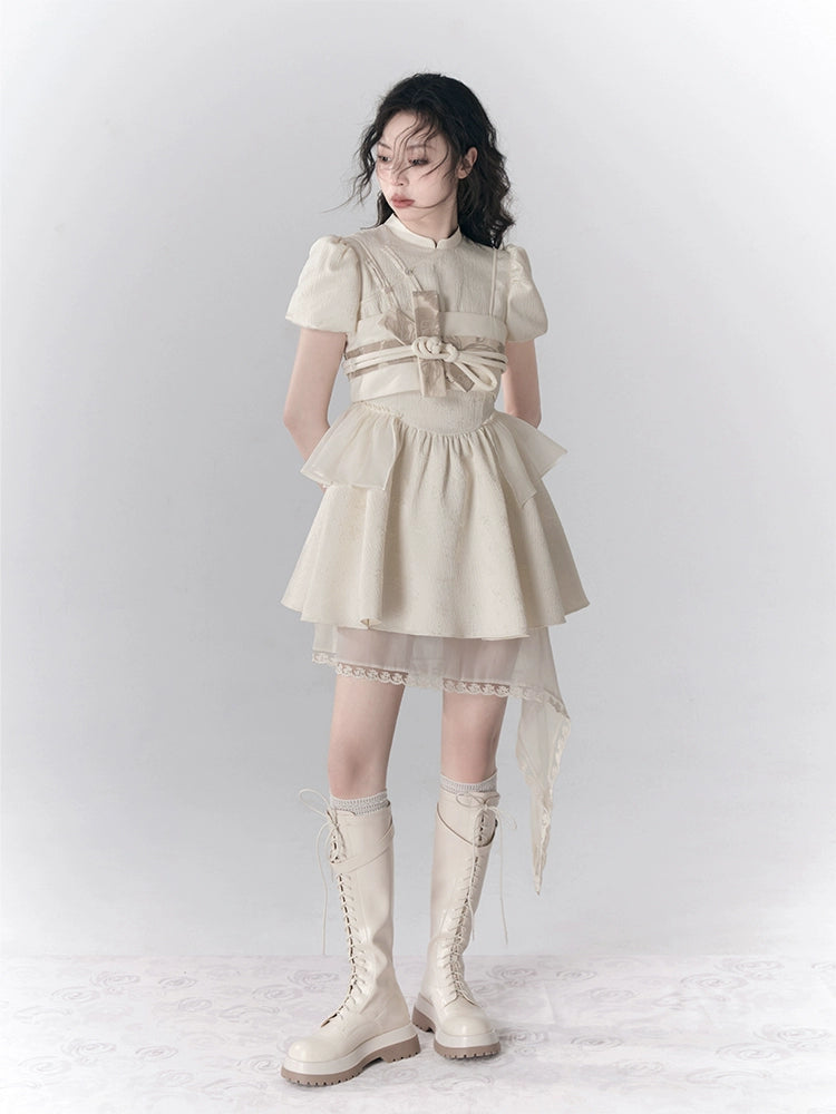 New Chinese Style Button Up Bubble Sleeve Dress