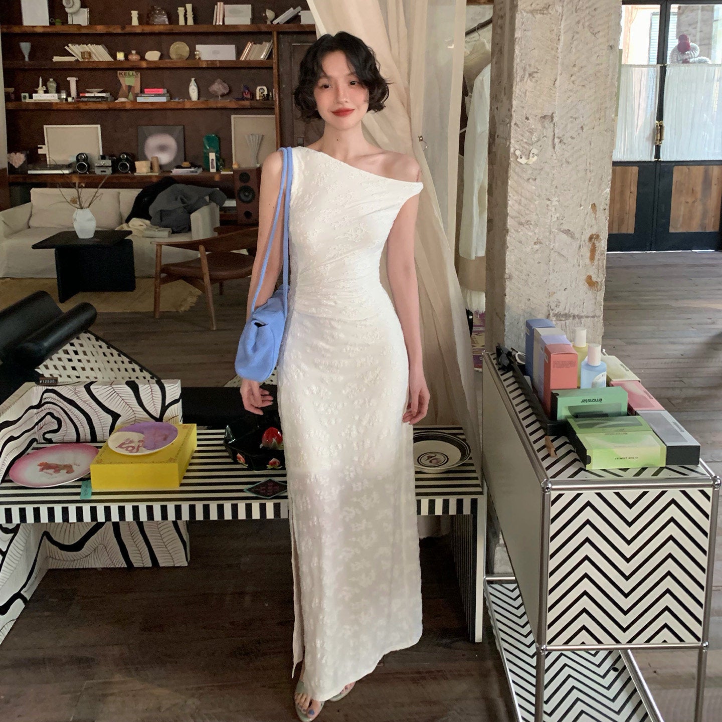 Light Scarlet Blossom Off-Shoulder Maxi Dress