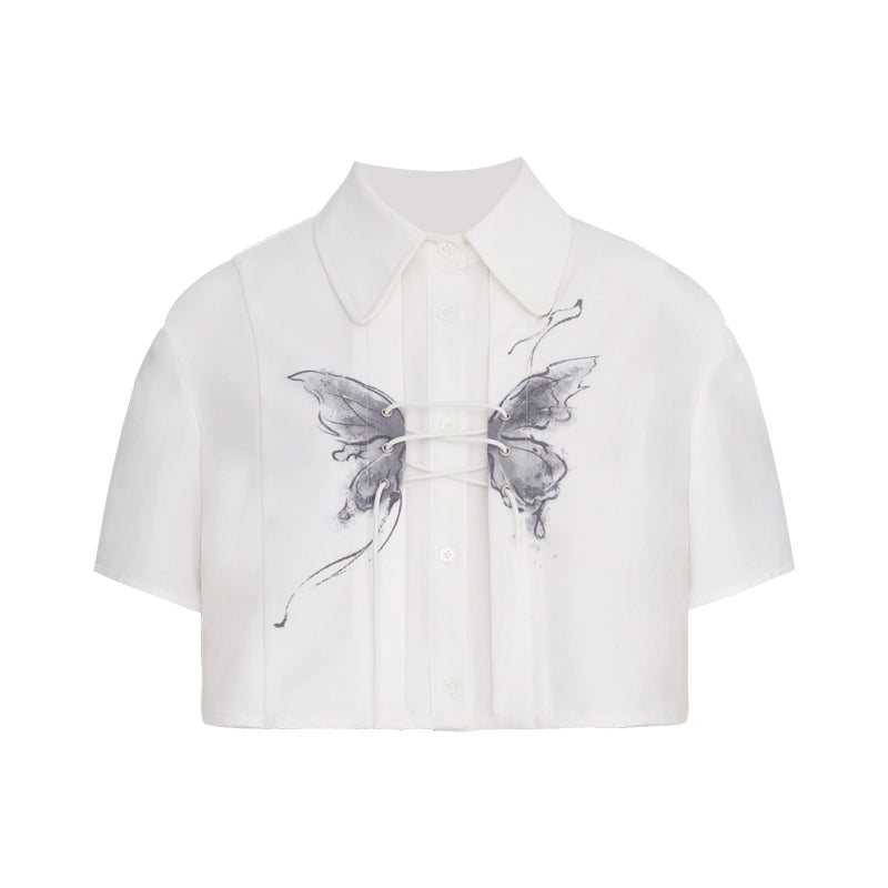 Chrysalis Butterfly Print Cross Tie Short Sleeved Shirt