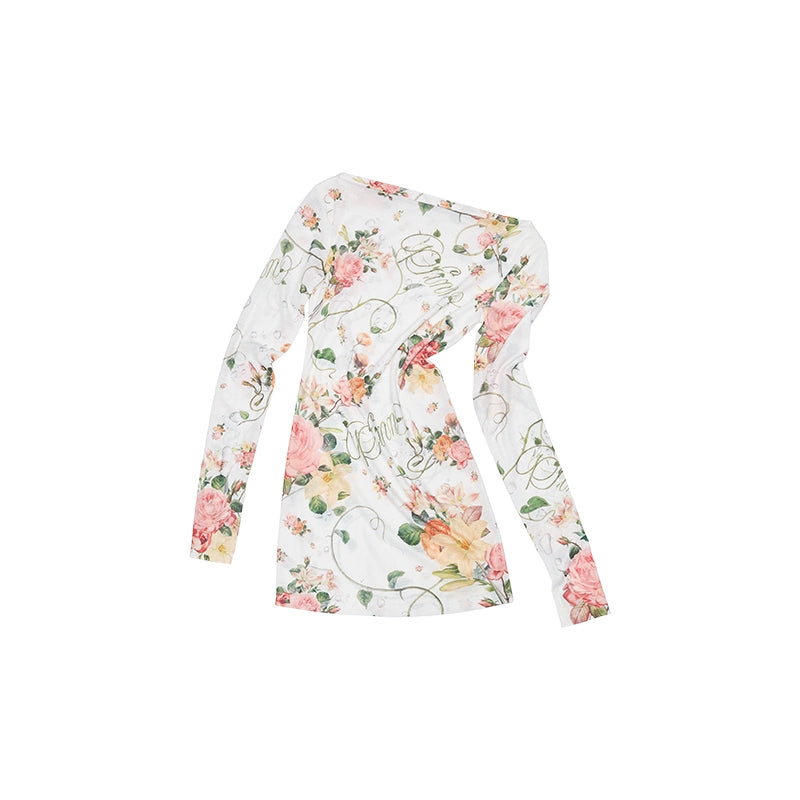 Resort Floral Sheer One-Shoulder Smock – Slim Fit Long Sleeve Midi Top