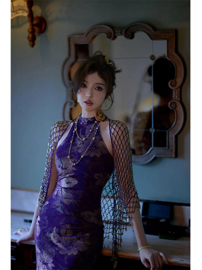 Modern Cheongsam – High-End Purple Jacquard Hip-Wrap Dress