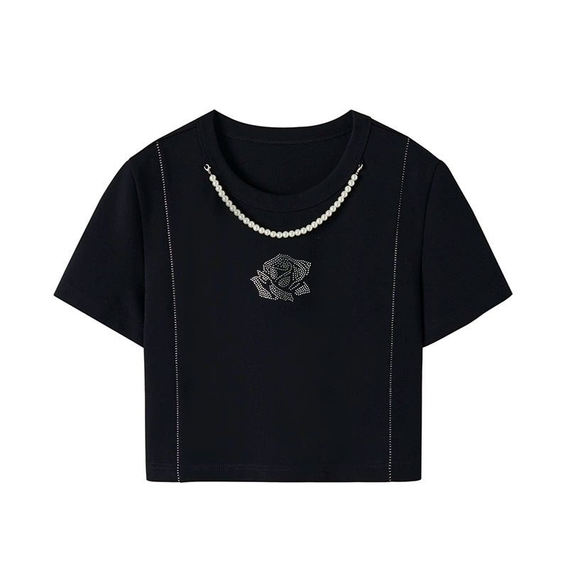 Collier de perles et diamant court t-shirt