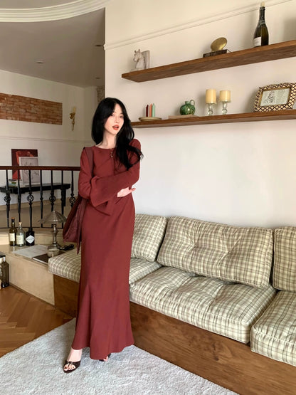 Retro Lazy Collar Bell Sleeve Long Dress